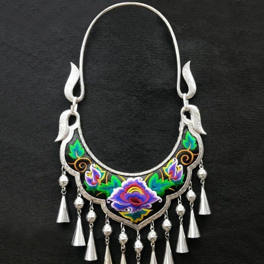 Ethnic Tribal Embroidered Rose Silver Necklace | Tibetan Charm Pendant Bells - Picture 1 of 4